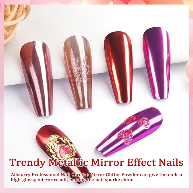 Allstarry Pink Chrome Nail Powder, Metallic 4 Colors Valentines Nails Powder Mirror Effect Manicure Pigment Pink Red Chrome Powder Glitter Dust Gifts for Women Valentines Nail Art