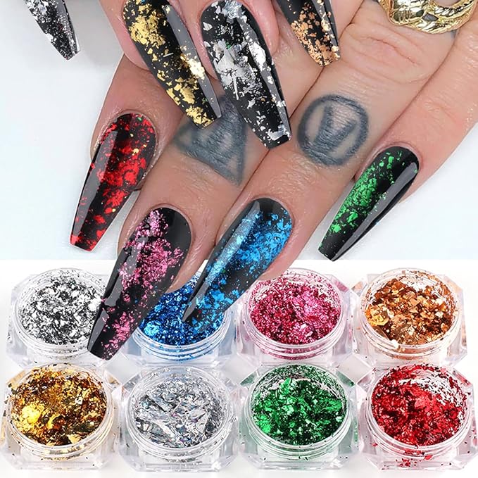 12 Colors Glitter Sequins 3D Holographic Aluminum Foil Nail Glitter - Sparkling Ultra-Thin Gold Foil Sparkles for DIY Women Makeup Party
