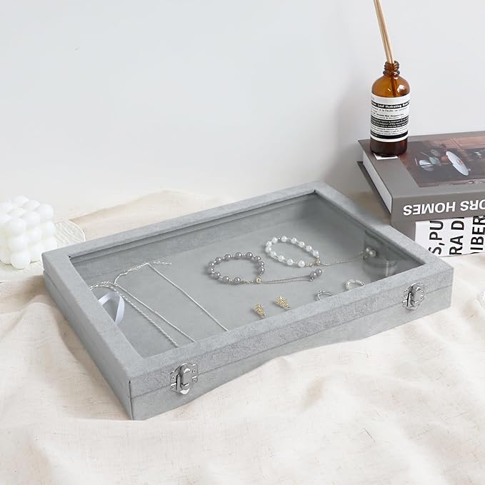 Wudygirl Velvet Jewelry Organizer Empty Jewelry Tray Organizer Jewelry Box Storage Case Display Necklaces Earring Stackable Tray Containers Clear Lid (DIY Box)