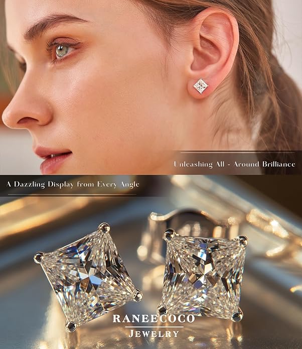 ”STUNNING FLAME“ 18K Gold Plated Sterling Silver Princess Cut Cubic Zirconia Stud Earrings for men women