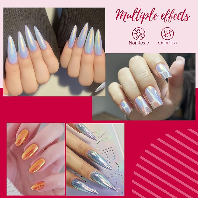 Artdone Gold Aurora Chrome Nail Powder, Iridescent Unicorn Powder Metallic Mirror Effect Pigment Pearlescent Mermaid Pearl Glitter Dust Kit, Nail Art Decoration, Resin Craft