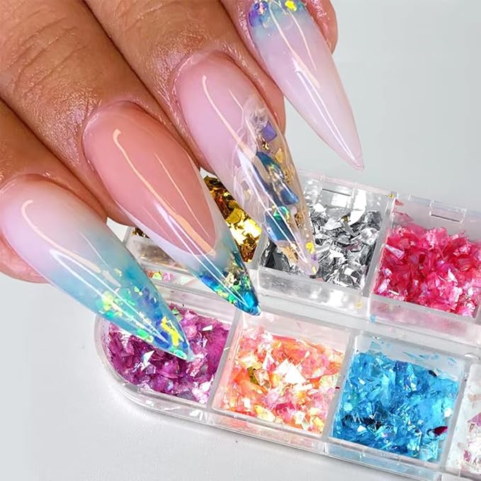 12 Colors Holographic Nail Art Glitter 3D Iridescent Glitter Nail Foil Flakes Ice Slag Nail Glitter Mermaid Flakes Colorful Fluorescent Confetti Nail Sequins Sticker for DIY Manicure Make Up Crafts