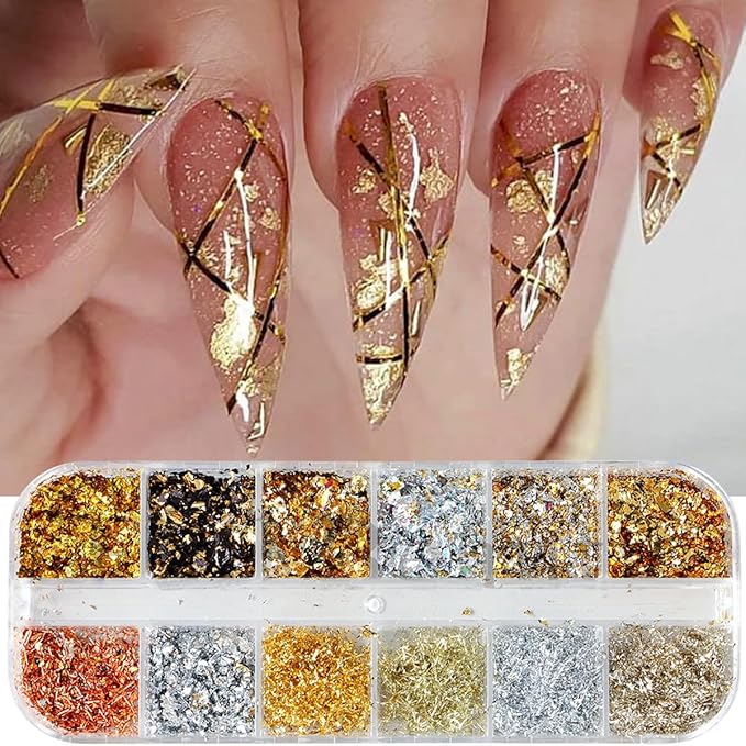 Holographic Nail Glitter Gold Foils for Kit, 12 Grids Sparkly Ultra-Thin Aluminum Foil Nail Art Flakes Designs, Powder Nail Glitters Sequins Acrylic Supplies DIY Manicure Charms Decorations, for Women