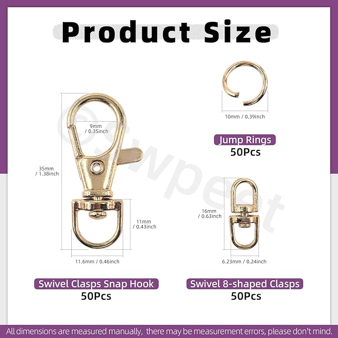 Swpeet Assorted 150Pcs Golden Keychain Making Kit, 50Pcs Swivel Lobster Claw Clasps, 50Pcs Rotating 8-Shaped Buckle Claw Clasp, 50Pcs Jump Ring, Swivel Trigger Hook, Swivel Clasps Lanyard Snap Hook