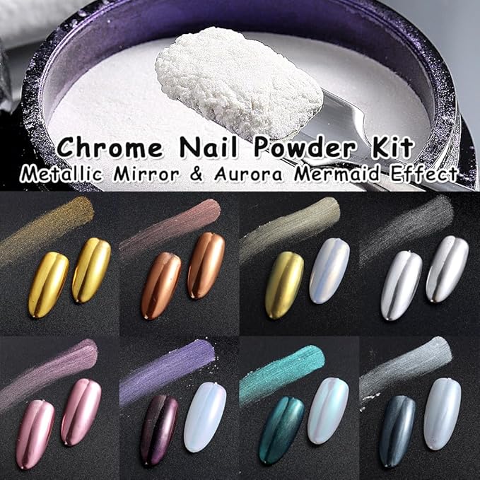 SUTOKAKA 8 Jars Chrome Nail Powder Magic White Pearl Kit, Metallic Mirror Effect Holographic Glitter Iridescent Aurora Mermaid Pearl Pigment Dust Kit for Gel Polish Nail Art Decoration, Resin Craft