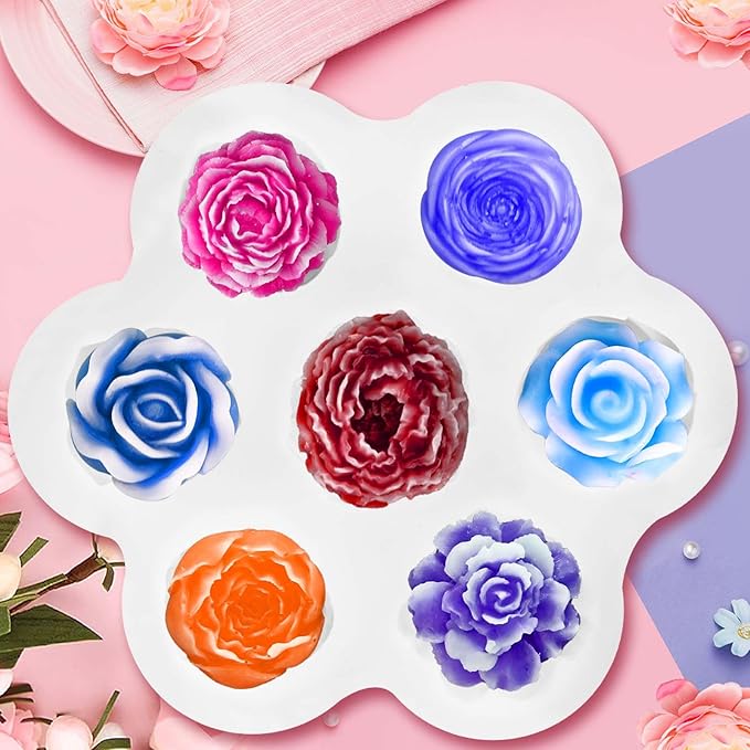7 Cavity Flower Silicone Molds, Flower Candle Molds for Candle Making, Rose Peony Fondant Molds for Jelly Chocolate Mousse Cake Decorating Scented Candles Soaps Making, Wax, Resin Casting Crafts