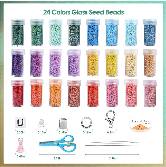 Miss Rabbit Seed Bead Kit, for Jewelry Making 24000 PCS 3mm Glass Seed Beads and 100 PCS 5mm Alphabet Letter for Bracelets Making with Elastic Cords, Scissors, Tassels