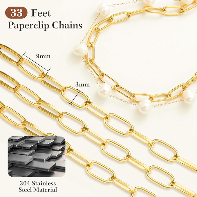 33 Ft 18k Gold Stainless Steel Paperclip Chains Roll - 3mm Width, Gold Plated Chain with Jump Rings & Lobster Clasps
