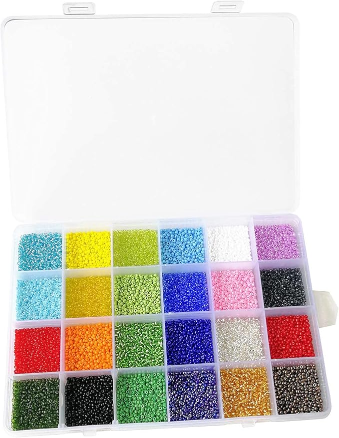 Glass Seed Beads Assorted Kit - Size 12/0 (2mm Tiny), 24 Multicolor Options (14,400pcs Total) with Organizer Box for Adult DIY Jewelry Making