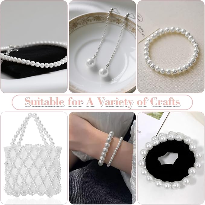 800 Pcs Pearl Beads with Hole, 6mm 8mm 10mm Round Pearls for Crafts, Jewelry Making Supplies, DIY Beads for Necklaces, Bracelets, Wedding Decoration, Stuffing (White)