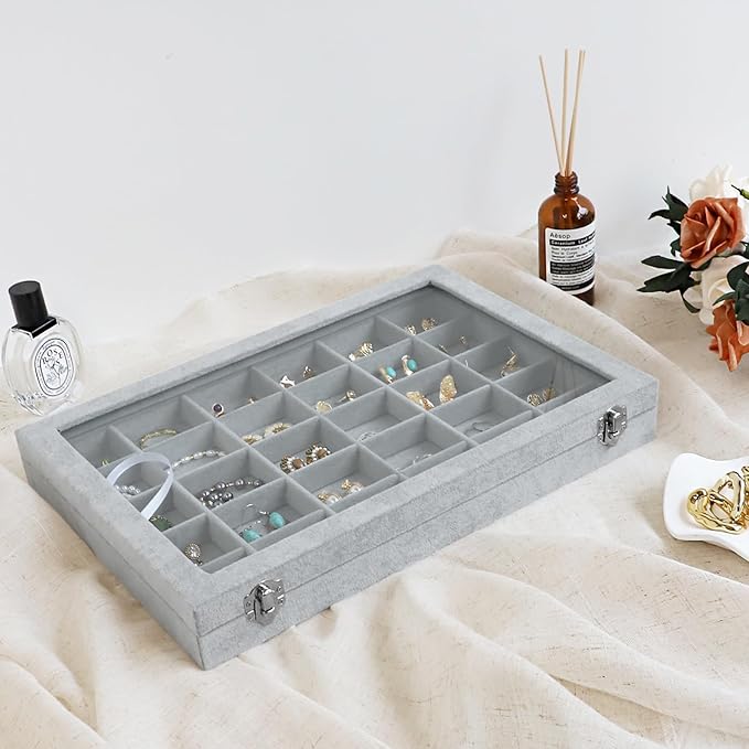 Wudygirl 30 Grid Jewelry Organizer Velvet Jewelry Box Jewelry Tray with Clear Lid Storage Case Showcase Display Stackable Removable (30 Grid)