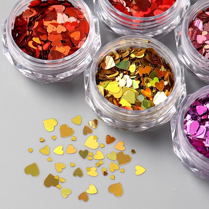 Holographic Valentines Nail Glitter Foils, 8Colors Sparkly Ultra-Thin Foil Nail Art Flakes Design, Laser Heart Nail Sequins Acrylic Supplies for Women Girls Manicure Charms Decor, DIY 3D Nail Art Tips