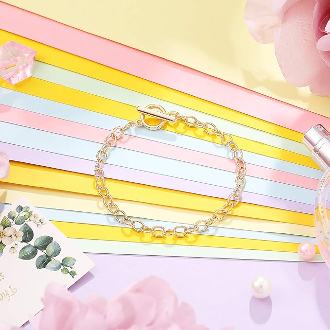 Hicarer 45 Pieces Bracelet Chains with OT Toggle Clasp Stainless Steel Bracelet Link Chains DIY Jewelry Making Supplies for Women Jewelry Crafts(Gold)