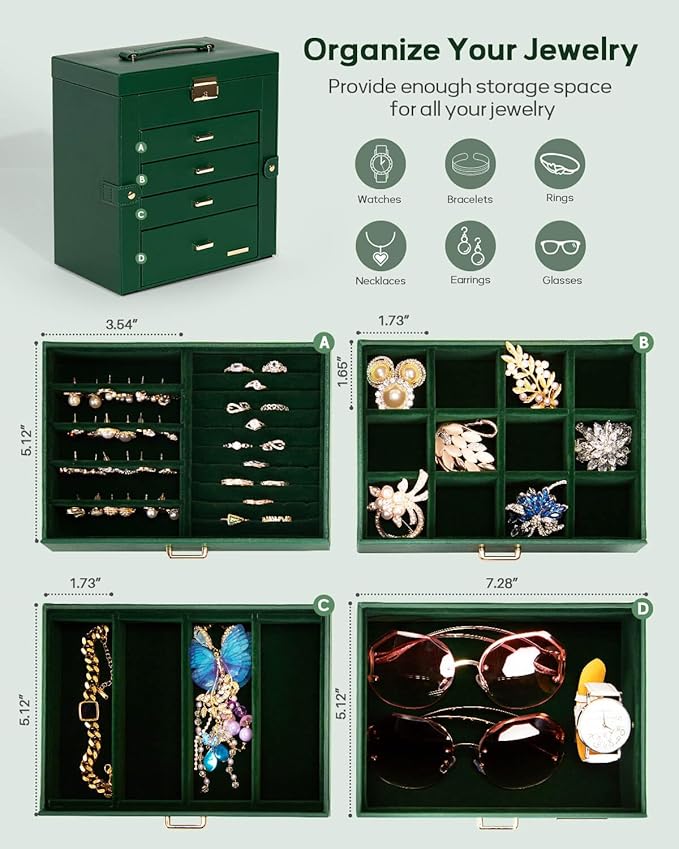 Homde Synthetic Leather Huge Jewelry Box Mirrored Watch Organizer Necklace Ring Earring Storage Lockable Gift Case (Forest Green + Gold)