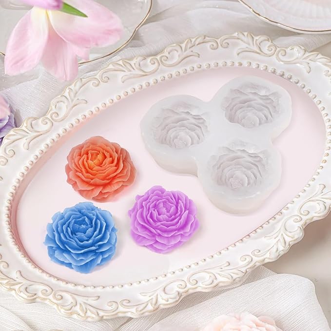 ZQYSING Peony Candle Mold for Candle Making, 3 Cavity Flower Silicone Molds for Epoxy Resin Wax Soap Clay Plaster Tealight Candles Crafts Casting Home Décor Handmade Gifts