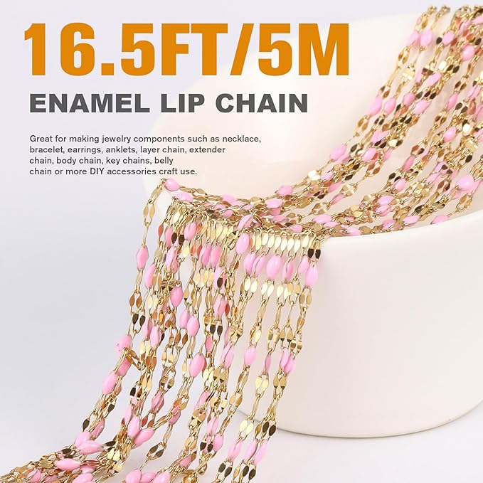 16.5FT Gold Pink Enamel Dapped Chain Roll, 2MM 18K Gold PVD Plated Stainless Steel Enalem Lip Link Chains Spool Bulk for DIY Jewelry Making