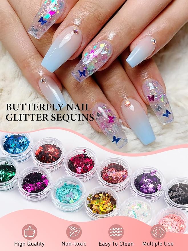 60 Pot Butterfly Nail Art Glitter Sequins, Kalolary Holographic Butterfly Nail Decals Metallic Laser Nail Art Flake Glitter for Face Eyes Nail Art Decoration DIY Craft(5 Boxes)