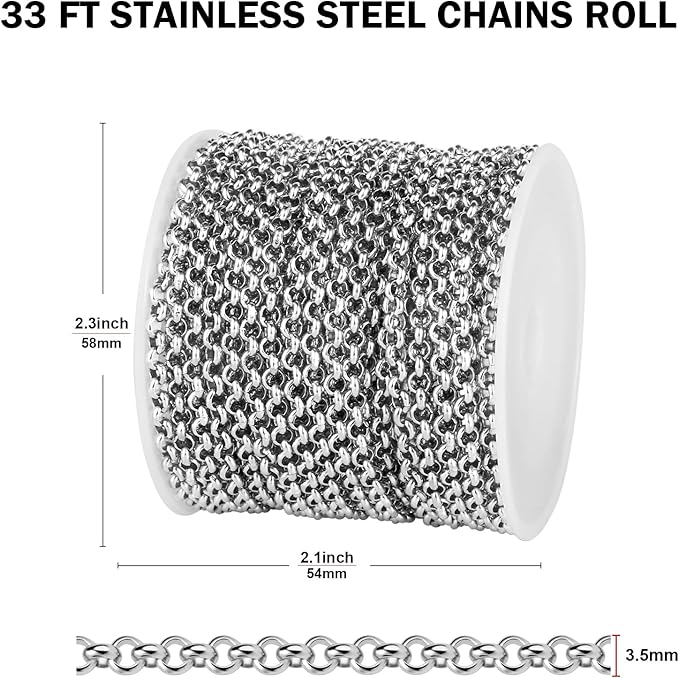 33FT Stainless Steel Rolo Chain for Jewelry Making 3.5MM Stainless Steel O Link Chains Roll for DIY Crafts Jewelry Making
