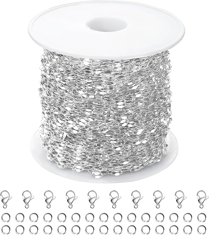 Kyutong Silver Necklace Chain for Jewelry Making Stainless Steel Cable Link Chain Bulk Thin Jewelry Making Supplies Chains with Lobster Clasps Jump Ring for Craft DIY Necklace Ankle Making