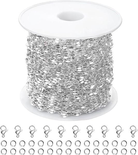 Kyutong Silver Necklace Chain for Jewelry Making Stainless Steel Cable Link Chain Bulk Thin Jewelry Making Supplies Chains with Lobster Clasps Jump Ring for Craft DIY Necklace Ankle Making