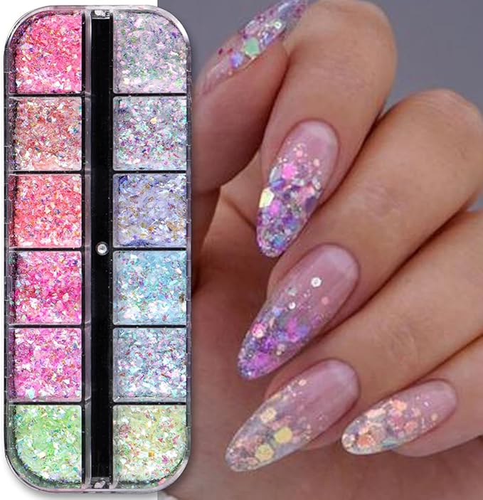 12 Colors Mermaid Nail Art Glitter Sequins Iridescent Ice Slag Nail Glitter Flakes Ultra Thin Nail Art Designs 3D Holographic Nail Sequins for Nail Art Supplies Manicure Decoration Accessories