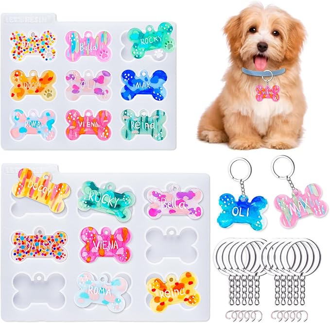 LET'S RESIN Pet Tag Resin Molds Silicone, Cat Dog Tag Molds for Epoxy Resin & UV Resina 2'' & 1.7'', Bone Shape Resina Keychain Molds with 10Pcs Key Ring & 10pcs Jump Ring, DIY Keychain Pendant Crafts