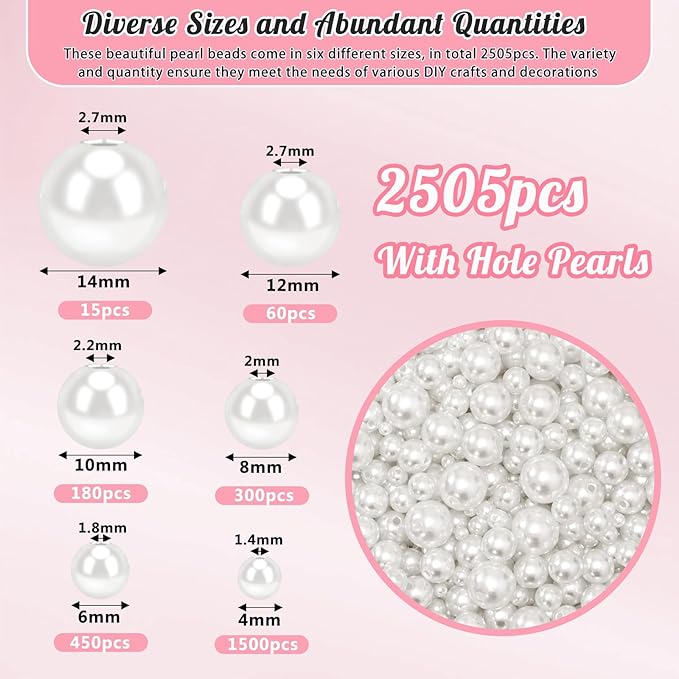 2505Pcs Pearls for Crafting, 6 Size White Pearls with Holes for Jewelry Making, Bulk Fake Pearl Beads for Vase Filler Decoration, Candles Centerpiece, DIY Crafts Necklace Bracelets (4/6/8/10/12/14mm)