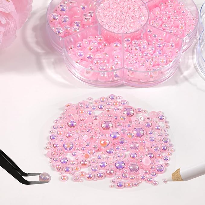 NACHLYNN 6480 Pcs Flat Back Pearl 7 Sizes AB Light Pink Half Round Beads for Crafts Embellishment - Peach Flatback Pearls for Shoes, Clothes, Bags DIY Making