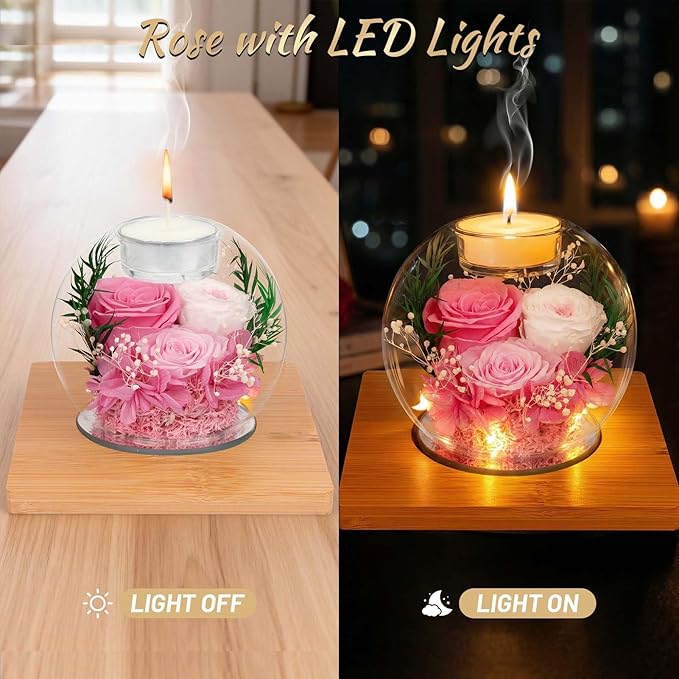 Preserved Pink Real Rose in Glass with Scented Candles–Eternal Flower Romantic Anniversary Mothers Day Christmas Birthday Valentines Day Gifts for Her, Women, Wife, Girlfriend, Mom, Grandma
