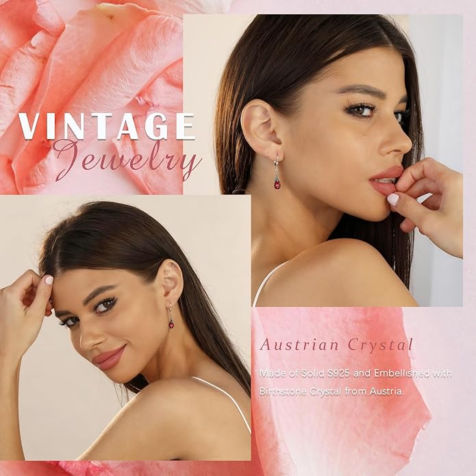AOBOCO Vintage Earrings for Women Sterling Silver Retro Drop Dangle Leverback Earrings with 8x6mm Oval Genuine or Simulated Birthstone Crystal from Austria, Anniversary Jewelry Gifts for Her (Gift Box)