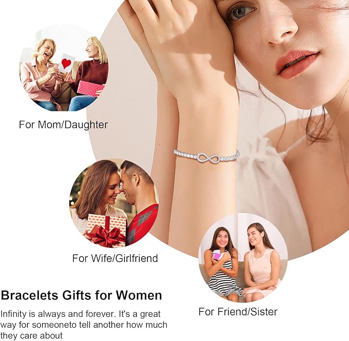 Moissanite Tennis Bracelets For Women, S925 Sterling Silver Infinity Bracelet, 3MM Width 18K Gold Plated White Gold Adjustable Bolo Bracelets- Birthday Valentines Day Gifts For Her Wife Mom