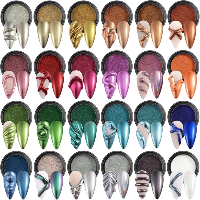 Fcozpjk 24 Colors Chrome Nail Powder Set Metallic Mirror Effect Gold Silver Pink Chrome Nail Powder White Pearl Iridescent Multi Chrome Powder for Nails Chameleon Rubbing Pigment Manicure Supplies