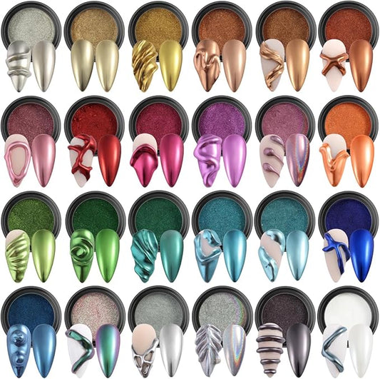 Fcozpjk 24 Colors Chrome Nail Powder Set Metallic Mirror Effect Gold Silver Pink Chrome Nail Powder White Pearl Iridescent Multi Chrome Powder for Nails Chameleon Rubbing Pigment Manicure Supplies