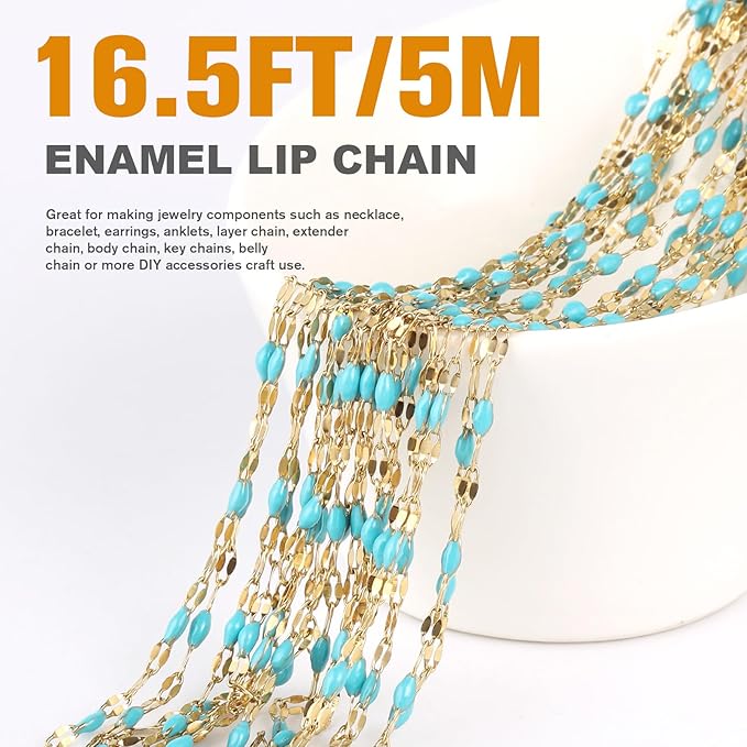 16.5FT Gold Blue Enamel Dapped Chain Roll, 2MM 18K Gold PVD Plated Stainless Steel Enalem Lip Link Chains Spool Bulk for DIY Jewelry Making