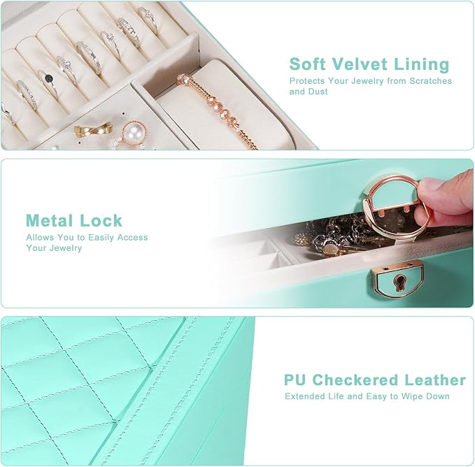 GUOER Jewelry Box for Women Girl Wife 3 Layers Large PU Leather Jewelry Organizer Storage Case with Two drawers Display for Earrings Bracelets Rings Watches (Teal)