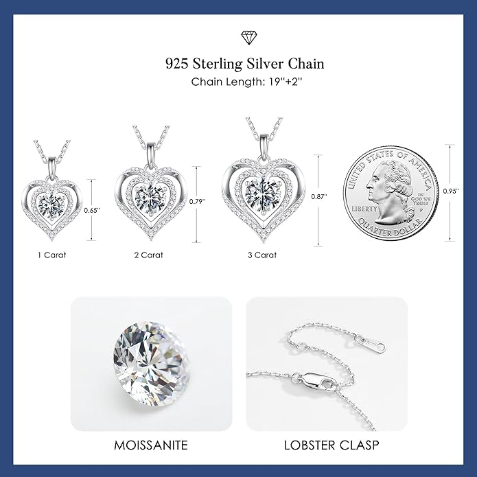 MOOSEA Valentines Day Gifts for Her - 925 Sterling Silver Double Heart Moissanite Necklace, 1-3 Carat Lab Created Moissanite Anniversary Birthday Gift for Women Wife Girlfriend Mom