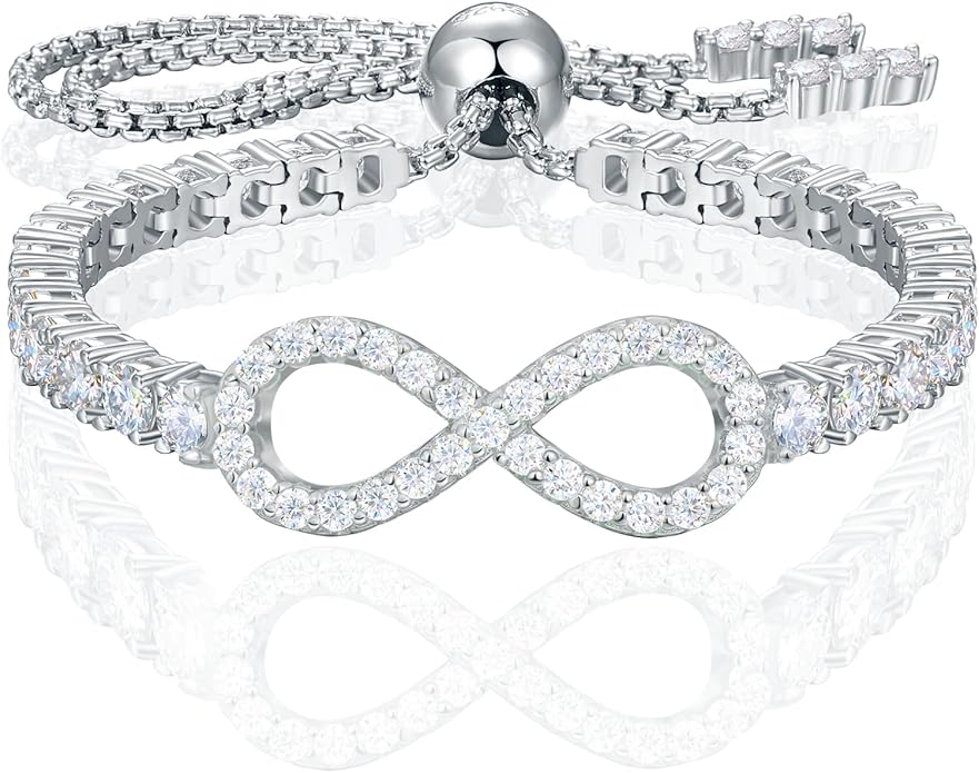 Moissanite Tennis Bracelets For Women, S925 Sterling Silver Infinity Bracelet, 3MM Width 18K Gold Plated White Gold Adjustable Bolo Bracelets- Birthday Valentines Day Gifts For Her Wife Mom