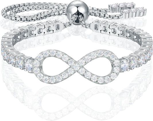 Moissanite Tennis Bracelets For Women, S925 Sterling Silver Infinity Bracelet, 3MM Width 18K Gold Plated White Gold Adjustable Bolo Bracelets- Birthday Valentines Day Gifts For Her Wife Mom