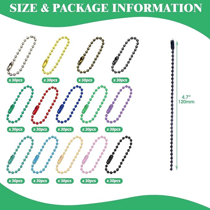 Yauhar 420Pcs Colorful Ball Chain Assorted Set, 14 Colors 2.4mm Metal Ball Bead Chain Connector Clasp Extension for Keychain Tags Jewelry Necklace Making Key Ring Ornament