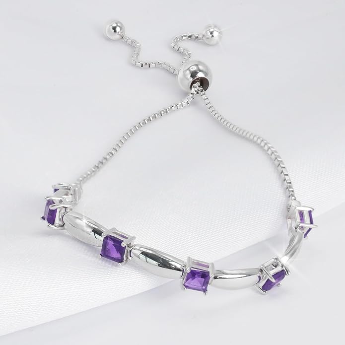 Fine Bracelet Tennis Style Pull String Birthstone Jewelry Gift for Women 925 Sterling Silver Square Sparkling Bolo Gemstone Jewelry Adjustable Bracelets