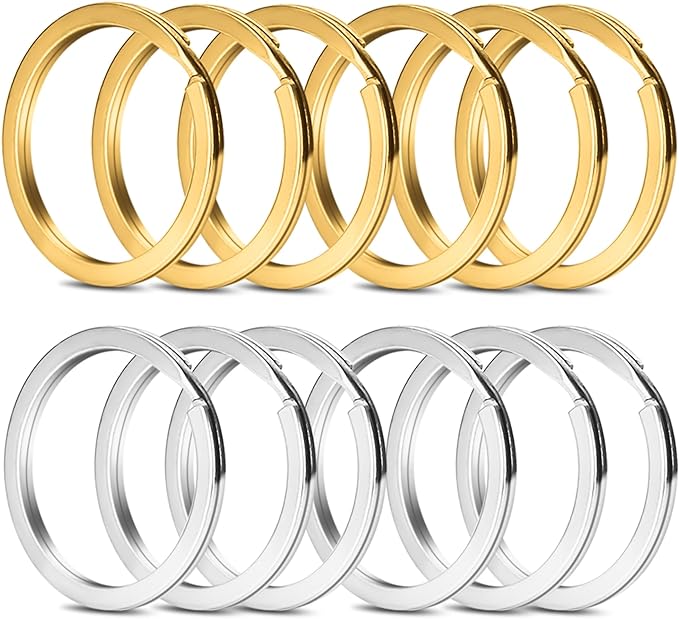 Gkeygo Key Rings, 12 pcs Stainless Steel Key Ring for Keychains, 1inch Flat Split Keychain Ring for Car Keys Dog Ring Tag Lanyards Home School Office DIY, Silver - Gold