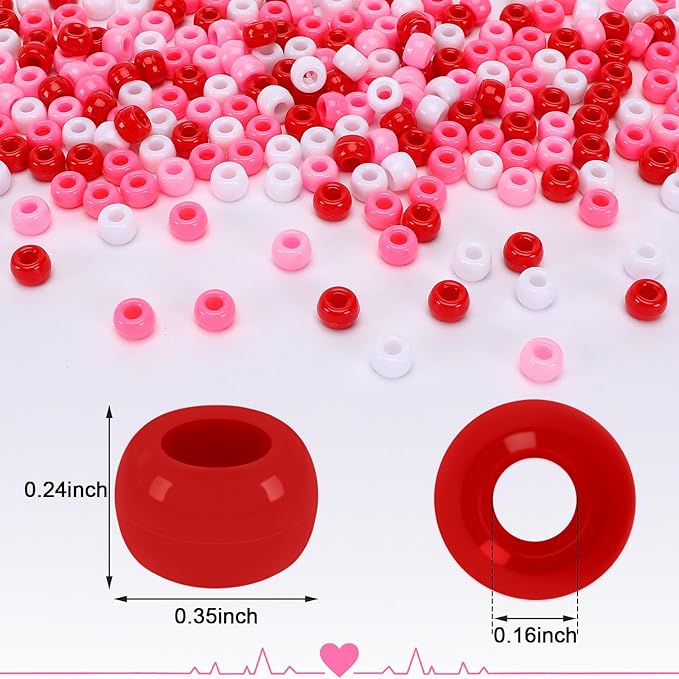 UPINS 1200Pcs Valentine's Day Pony Beads for Jewelry Making Bracelets Crafts Plastic Small Spacer Beads Pink Rose Red White Pony Beads DIY Hair Beads for Necklace Bracelets Earrings Supplies