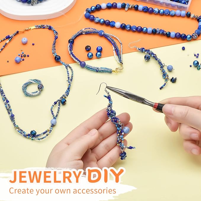 Beads for Bracelet Making Kit, Sapphire Blue Color Include 8mm Assorted Round Glass Beads, 4mm Bicone Crystal Beads, 3-4mm Seed Beads for Jewelry Making, DIY Craft