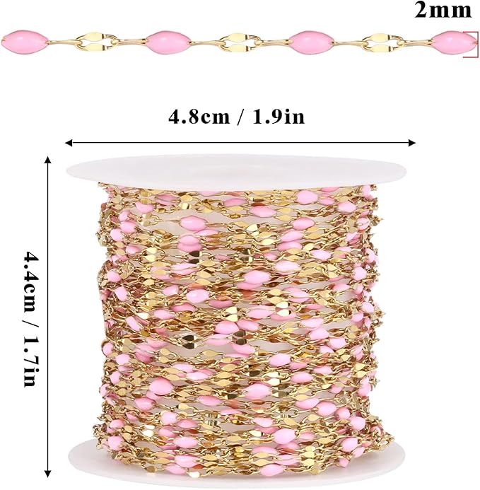 16.5FT Gold Pink Enamel Dapped Chain Roll, 2MM 18K Gold PVD Plated Stainless Steel Enalem Lip Link Chains Spool Bulk for DIY Jewelry Making