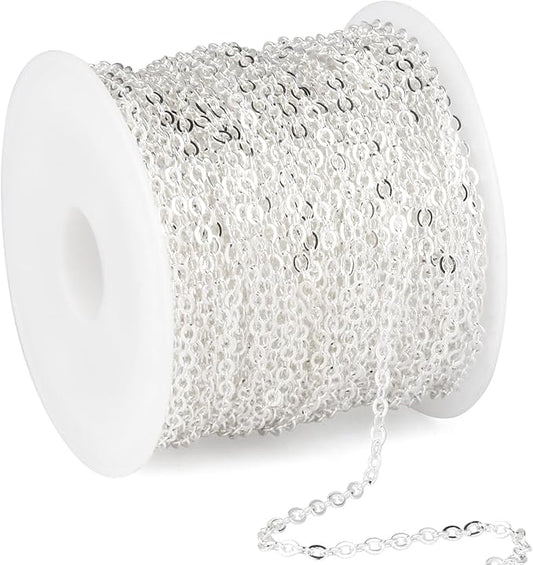 33 Feet Silver Plated Stainless Steel Cable Chain Bulk, 2.5mm 304 Stainless Steel Silver Flat Cable Link Chains Roll Spool for Jewelry Making Necklace DIY Craft