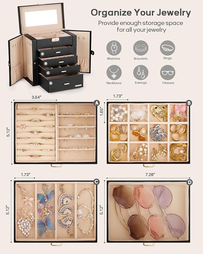 Homde Valentine's Day Gifts Synthetic Leather Huge Jewelry Box Mirrored Watch Organizer Necklace Ring Earring Storage Lockable Gift Case (Black + Gold)