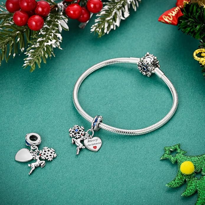 Parmuz 925 Sterling Silver Christmas Charm for Bracelet Snowflake Dangle Beads Santa Claus Snowman Deer Charm Gifts for Women