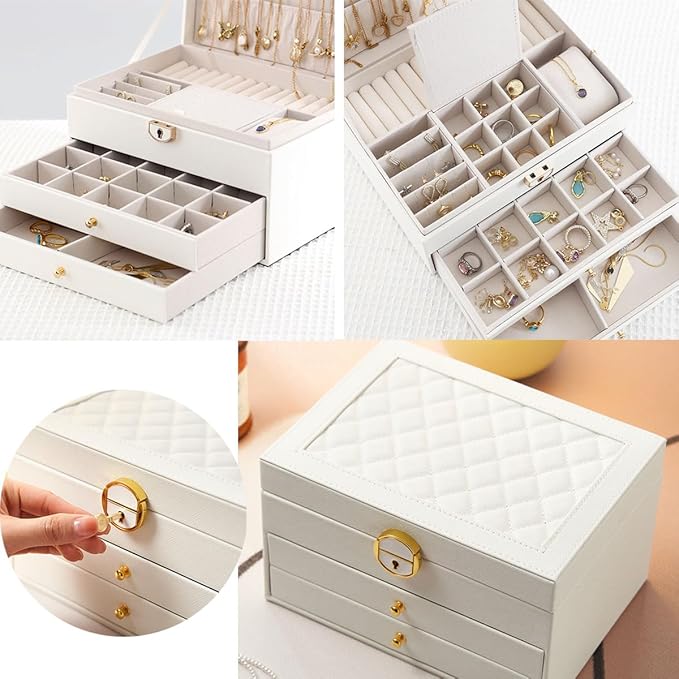 GUOER Jewelry Box for Women Girl Wife 3 Layers Large PU Leather Jewelry Organizer Storage Case with Two drawers Display for Earrings Bracelets Rings Watches (White)
