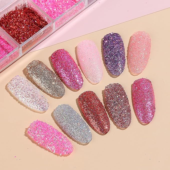 Holographic Sugar Glitter Powder for Nails, 12 Colors Iridescent Sugar Nail Dipping Powder Pigment Ultra Fine Sparkle Nails Gel Polish Glitter Dust Manicure Decoration for Home DIY Salon