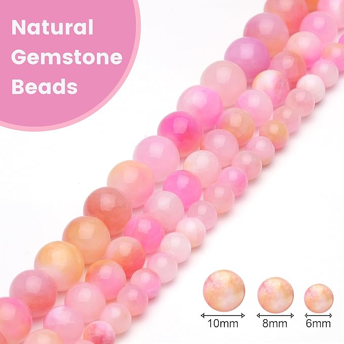 10mm Natural Stone Beads for Jewelry Making,Pink Yellow Jade Polished Smooth Round Gemstone Beads for Bracelet Necklace 15 Inch